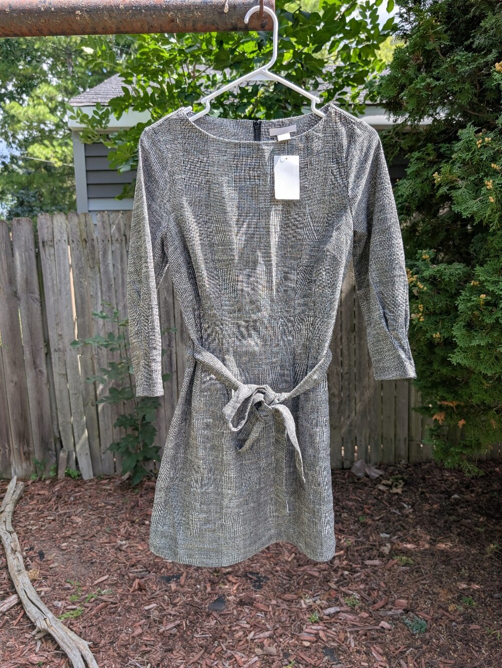 H&M Grey Plaid 3/4 Sleeve Boat-Neck Mini Dress Size Small